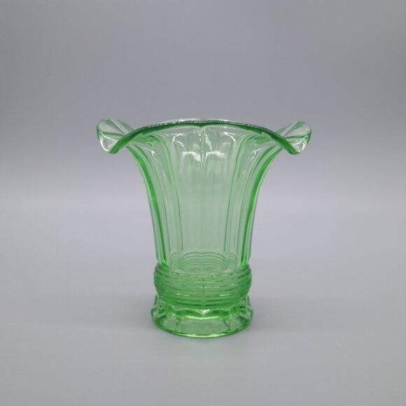 Vintage Green Uranium Glass 5" Vase | Flared Shape w/ Scalloped Edge - Picture 2 of 8